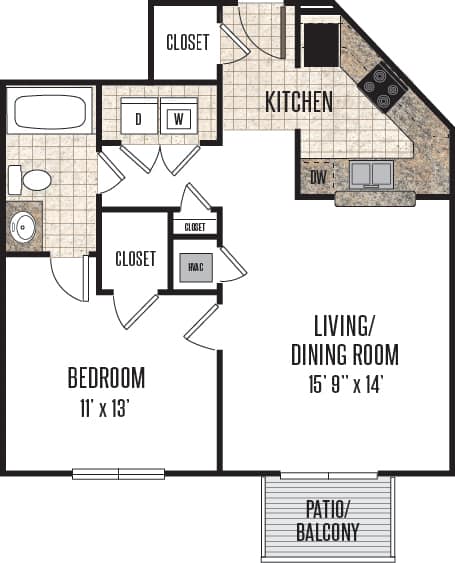 A floor plan of a home with a bedroom, living/dining room, kitchen, and closets.