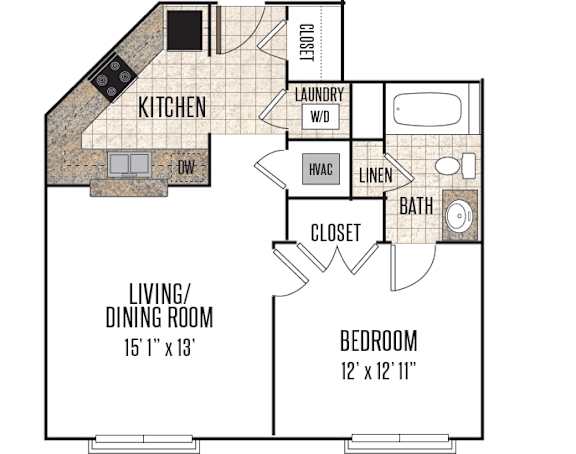 A floor plan of a small apartment with a living room, kitchen, bathroom, and bedroom.