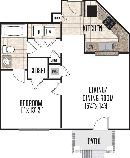 A floor plan of a house with a kitchen, living/dining room, bedroom, and patio.
