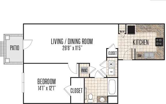 A floor plan of a small apartment with a living room, kitchen, bedroom and bathroom.