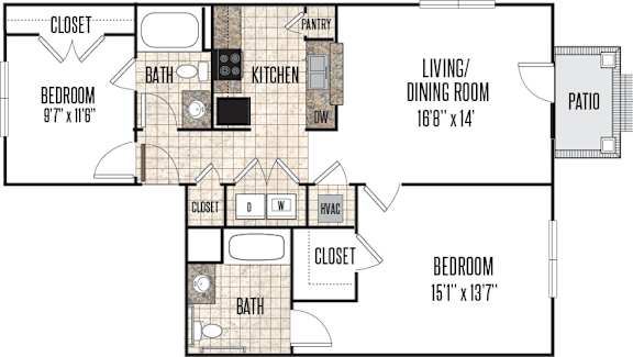 A floor plan of a house with two bedrooms, a living room, a kitchen, a bathroom, a pantry, and a patio.