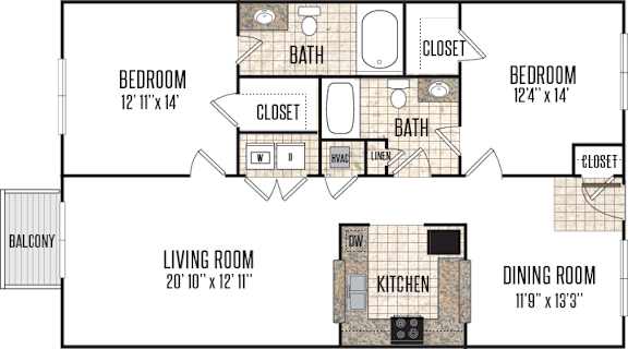 A floor plan of a house with two bedrooms, a living room, a dining room, a kitchen, and a balcony.