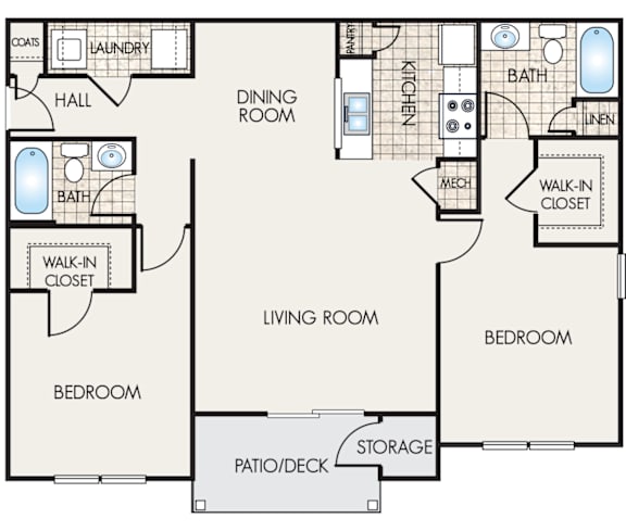 A floor plan of a house with a living room, dining room, kitchen, two bedrooms, a bathroom, a walk-in closet, a laundry room, and a storage area.