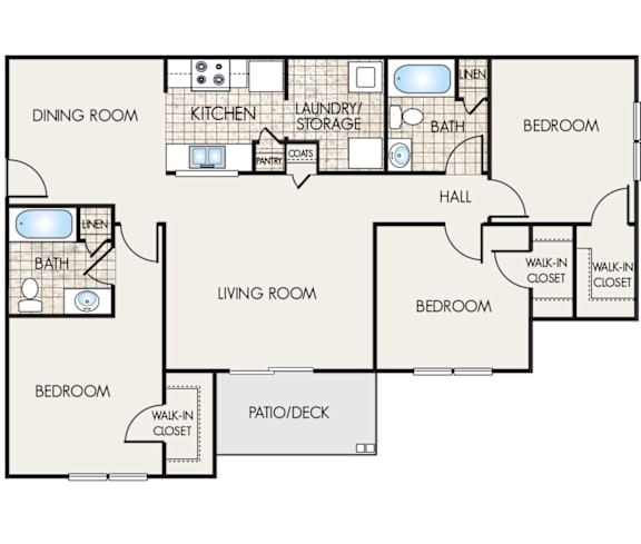 A floor plan of a house with a living room, dining room, kitchen, and several bedrooms.