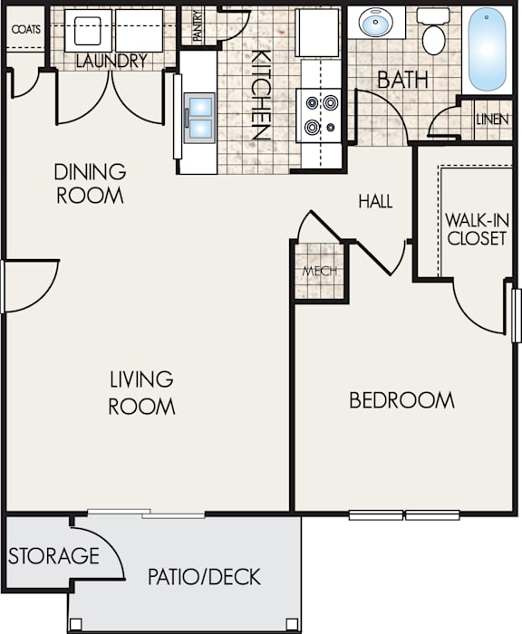 A floor plan of a house with a living room, dining room, kitchen, bathroom, and bedroom.