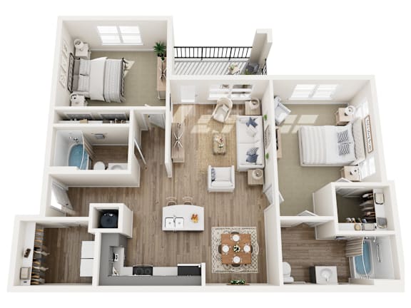 a 3d floor plan of a house with a bedroom and living room