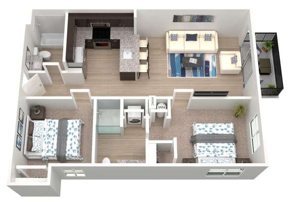 a 3d rendering of a floor plan with bedrooms and a living room