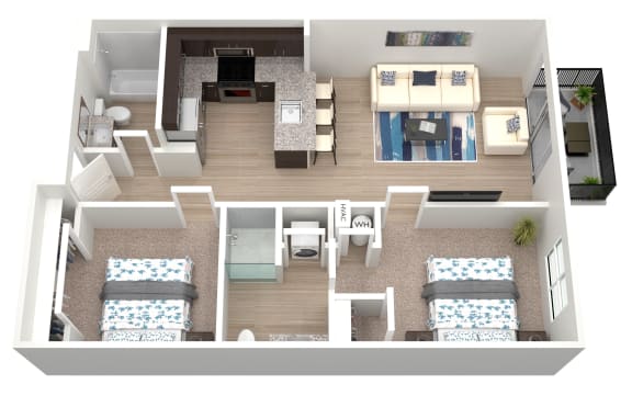 a 3d floor plan of a bedroom with beds and a living room