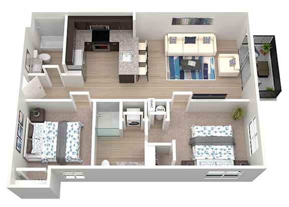 A 3D floor plan of a 2 bedroom 2 bathroom unit