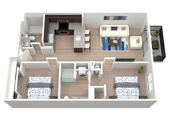 3d floorplan of a 2 bedroom 2 bathroom unit