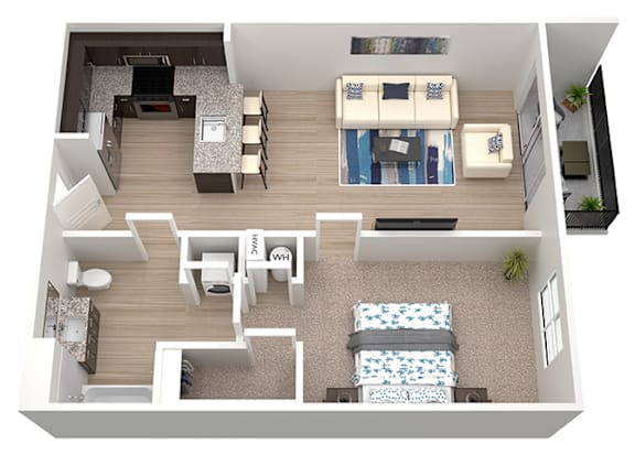 3d floorplan of a 1 bedroom, 1 bathroom unit