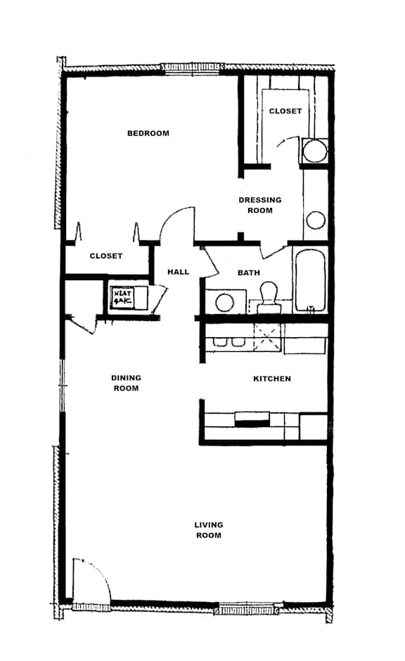 A floor plan of a small apartment with a bedroom, dressing room, kitchen, dining room, and living room.