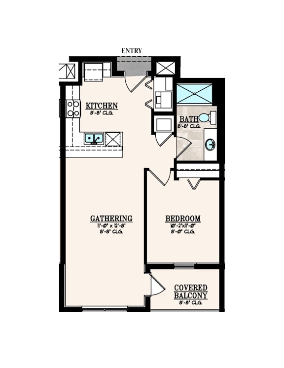 A floor plan of a house with a kitchen, bathroom, and bedroom.