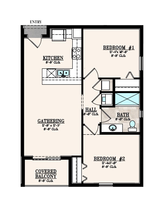 A floor plan of a house with two bedrooms, a kitchen, a bath, a gathering room, and a covered balcony.