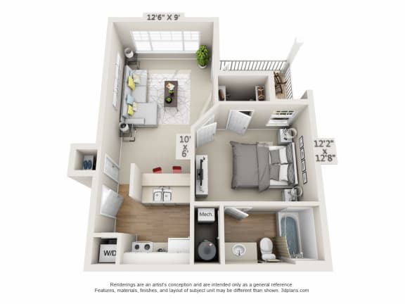 Floor Plan  This is a 3D floor plan of a 563 square foot 1 bedroom Catamaran at Nantucket Apartments in Loveland, OH.