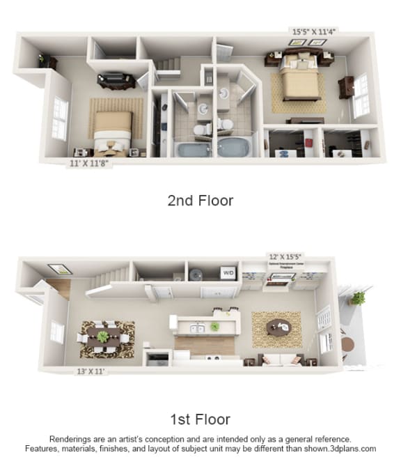 This is a 3D floor plan of a 1242 square foot 2 bedroom Spinnaker townhome at Nantucket Apartments in Loveland, OH.