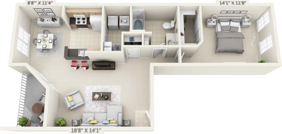 Floor Plan  This is a 3D floor plan of a 900 square foot 1 bedroom Miamisburg at Washington Park Apartments in Centerville, OH.