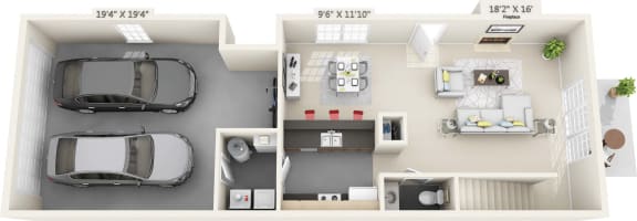 This is a 3D floor plan of a 1500 square foot 3 bedroom Bellbrook at Washington Park Apartments in Centerville, OH.