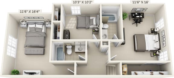 This is a 3D floor plan of a 1500 square foot 3 bedroom Bellbrook at Washington Park Apartments in Centerville, OH.