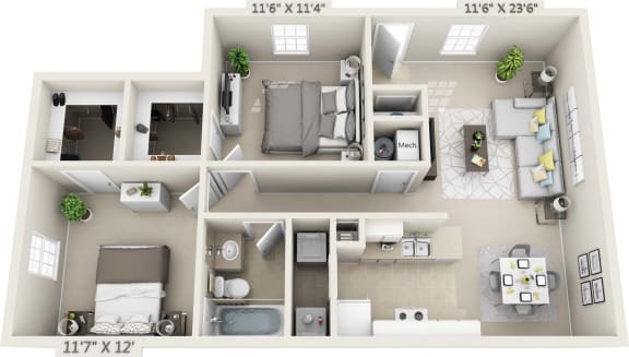 This is a 3D floor plan of a 890 square foot 2 bedroom Liberty at Washington Place Apartments in Washington Township, OH