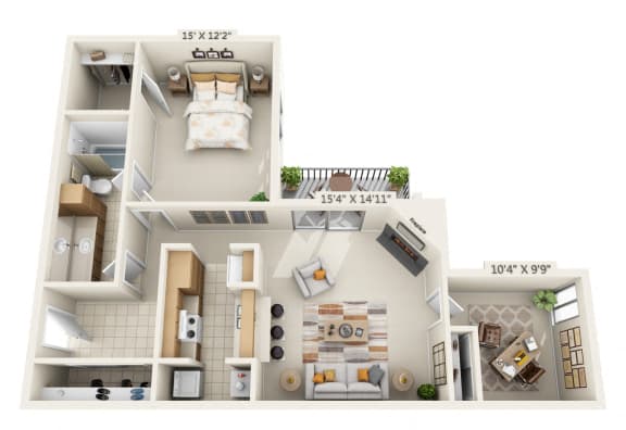 This is a 3D floor plan of a 982 square foot 1 bedroom with den apartment at Cambridge Court Apartments in Dallas, TX.