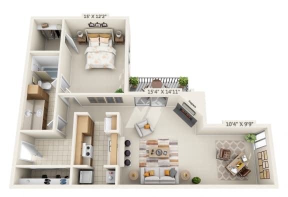 This is a 3D floor plan of a 982 square foot 1 bedroom  apartment at Cambridge Court Apartments in Dallas, TX.