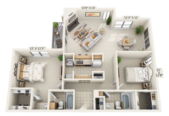 This is a 3D floor plan of a 1245 square foot 2 bedroom  apartment at Cambridge Court Apartments in Dallas, TX.