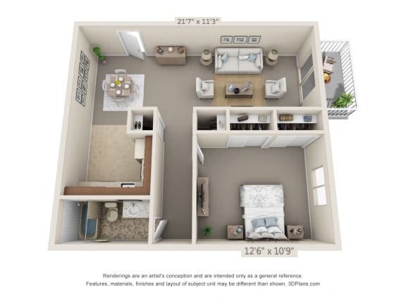 1 bed 1 bath floor plan F at Aspen Village Apartments in Cincinnati, OH.