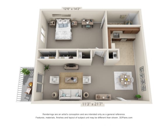 1 bed 1 bath floor plan A apartment  at Aspen Village, Cincinnati, 45238