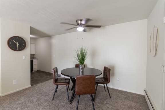 dining area with ceiling fan in a 560 square foot, 1 bedroom, 1 bath apartment  at Aspen Village, Cincinnati