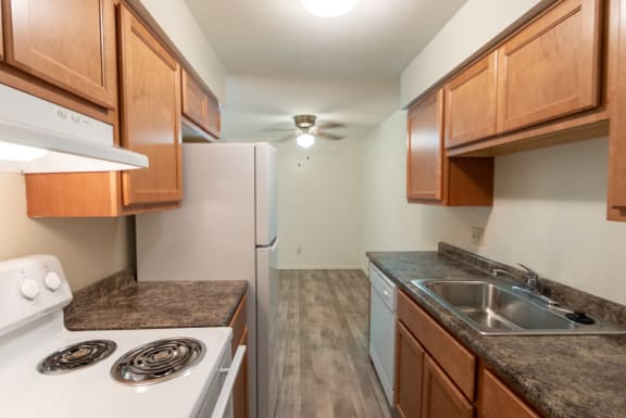 This is picture of the kitchen in the 722 square foot 2 bedroom apartment at Aspen Village Apartments in Cincinnati, OH.