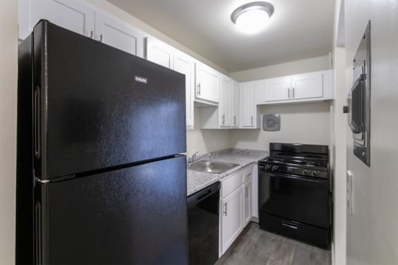 This is a photo of the kitchen in the 543 square foot B-style, 1 bedroom, 1 bath apartment at Blue Grass Manor Apartments in Erlanger, KY.