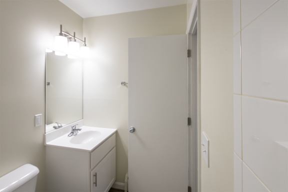 This is a photo of the bathroom in the 543 square foot B-style, 1 bedroom, 1 bath apartment at Blue Grass Manor Apartments in Erlanger, KY.