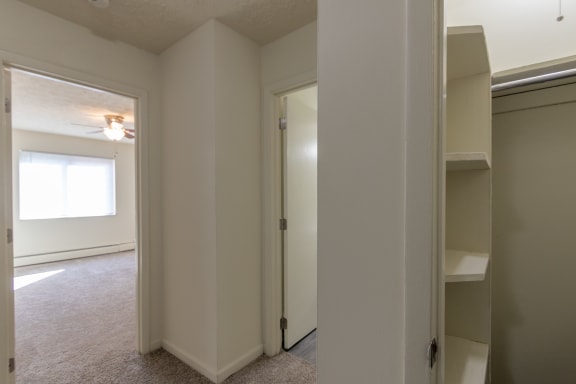This is a photo of the entryway looking onto the hall closet in the 543 square foot A-style, 1 bedroom, 1 bath apartment at Blue Grass Manor Apartments in Erlanger, KY.