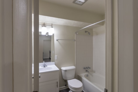 This is a photo of the bathroom in the 543 square foot A-style, 1 bedroom, 1 bath apartment at Blue Grass Manor Apartments in Erlanger, KY.