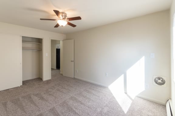 This is a photo of the bedroom in the 543 square foot A-style, 1 bedroom, 1 bath apartment at Blue Grass Manor Apartments in Erlanger, KY.