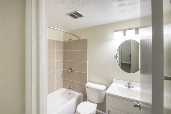 This is a photo of the bathroom in the 543 square foot A-style, 1 bedroom, 1 bath apartment at Blue Grass Manor Apartments in Erlanger, KY.