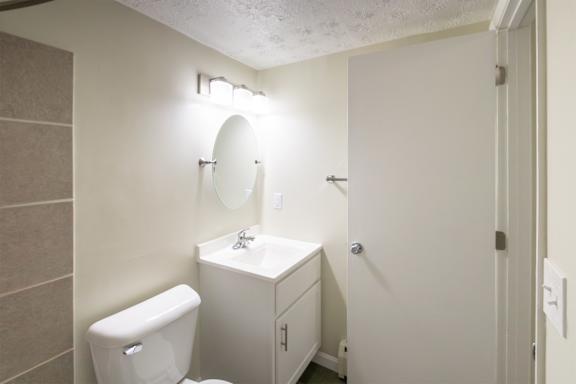 This is a photo of the bathroom in the 543 square foot A-style, 1 bedroom, 1 bath apartment at Blue Grass Manor Apartments in Erlanger, KY.