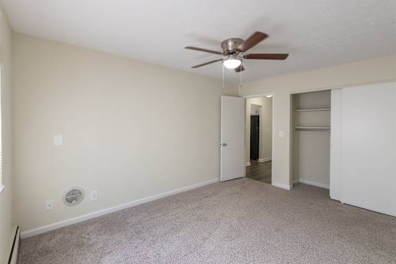 This is a photo of the bedroom in the 543 square foot A-style, 1 bedroom, 1 bath apartment at Blue Grass Manor Apartments in Erlanger, KY.