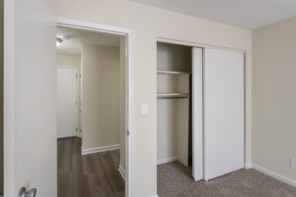 This is a photo of the bedroom closet in the 543 square foot A-style, 1 bedroom, 1 bath apartment at Blue Grass Manor Apartments in Erlanger, KY.