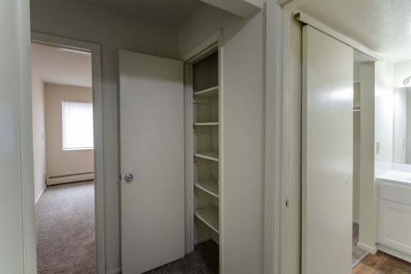 This is a photo of the hall linen closet in the 705 square foot, 1 bedroom, 1 bath apartment at Blue Grass Manor Apartments in Erlanger, KY.