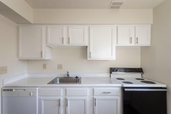 This is a photo of the kitchen in the 899 square foot, 2 bedroom, 1.5 bath apartment at Blue Grass Manor Apartments in Erlanger, KY.