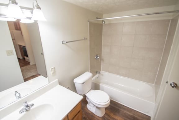 This is a photo of the bathroom in the 652 square foot, 1 bedroom, 1 bath A-style apartment at Blue Grass Manor Apartments in Erlanger, KY.
