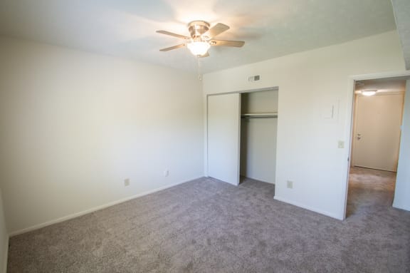 This is a photo of the bedroom in the 652 square foot, 1 bedroom, 1 bath A-style apartment at Blue Grass Manor Apartments in Erlanger, KY.