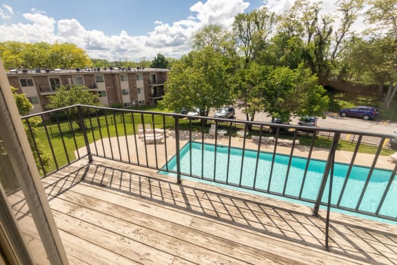 This is a photo of the balcony in the 652 square foot, 1 bedroom, 1 bath B-style apartment at Blue Grass Manor Apartments in Erlanger, KY.