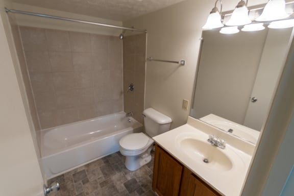 This is a photo of the bathroom in the 652 square foot, 1 bedroom, 1 bath B-style apartment at Blue Grass Manor Apartments in Erlanger, KY.