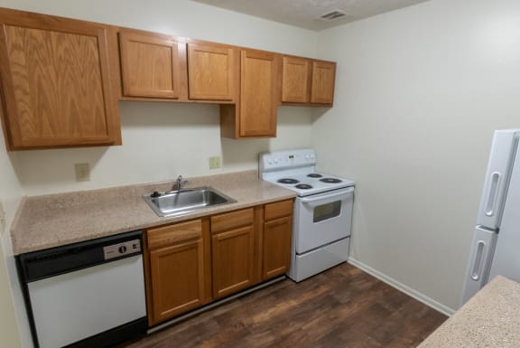 This is a photo of the kitchen in the 938 square foot , 2 bedroom, 2 bath apartment at Blue Grass Manor Apartments in Erlanger, KY