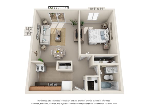 This is a 3D floor plan of a 543 square foot 1 bedroom apartment at Blue Grass Manor Apartments in Erlanger, KY.