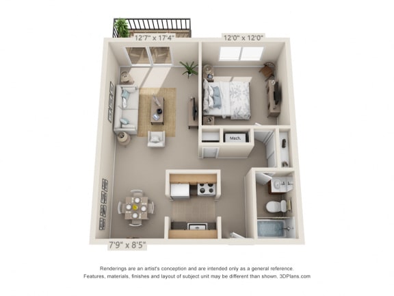 Floor Plan  This is a 3D floor plan of a 652 square foot 1 bedroom apartment at Blue Grass Manor Apartments in Erlanger, KY.
