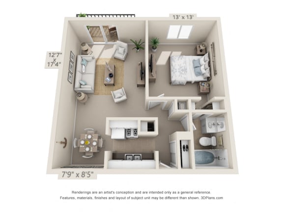 This is a 3D floor plan of a 705 square foot 1 bedroom apartment at Blue Grass Manor Apartments in Erlanger, KY.